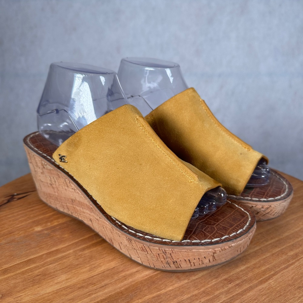 Sam Edelman Ranger Wedge Sandals Womens 9 Yellow Good Suede Cork Platform Mules - Picture 4 of 15